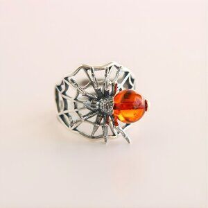 Baltic Amber Spider Ring in 925 Sterling Silver - Adjustable Size